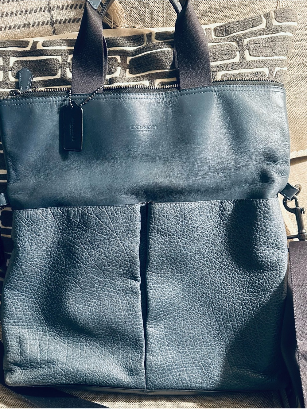 Coach Men's Leather Tote Bag in Navy Blue
